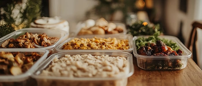 a table featuring an assortment of food in plastic containers, organized like a doggy bag for takeout