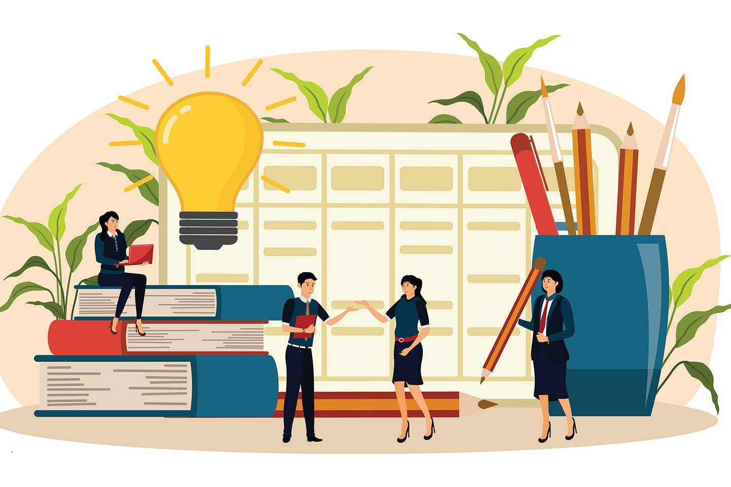 Illustration of professionals collaborating with books, a light bulb, and stationery